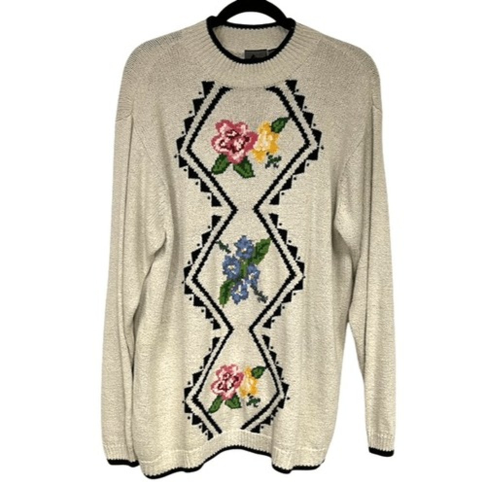 Vintage 90s LIZ WEAR Sweater Medium Multicolor Pullover Floral Linen Blend Knit - Picture 2 of 10